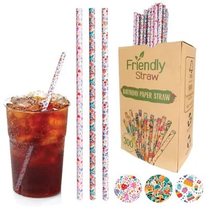 300 Pack 7.75" X .25" Biodegradable Paper Straws For Drinking Birthday Theme For - Picture 1 of 7