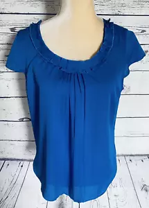 Blusa AK Anne Klein Para Mujer Mediana Azul Mangas Cortas Volantes Cuello en U Semi Transparente - Imagen 1 de 10