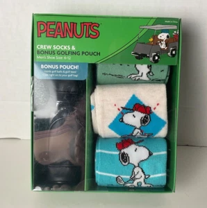 Peanuts Snoopy 3 Crew Socks & Bonus Golfing Pouch Brand New - Picture 1 of 2