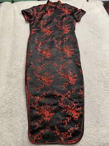 Lungo Cheongsam nero vintage da donna fatto a mano floreale seta taglia XXL (taglia asiatica) - Foto 1 di 16