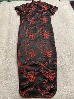 Cheongsam largo de seda floral hecho a mano vintage para mujer negro talla XXL (talla asiática) Foto 1 de 4