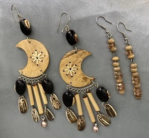 Eco friendly Dangle Drop Earrings Natural Coconut Shell Seed + Wood Bead Crystal - Picture 1 of 15