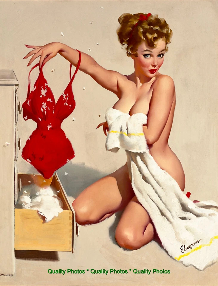 Maiô Woman in Towel Views Moth Eaten impressão fotográfica 8,5x11", pinup Gil Elvgren - Imagem 1 de 1