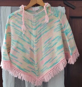Handmade Crochet Poncho Child Size Vintage Multicolored Pastel Hooded & Fringed - Picture 1 of 8