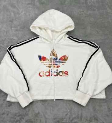 Adidas Crop Boxy Hoodie Women XL White 3-Stripes Drawstring Trefoil French Terry - Image 1 of 4