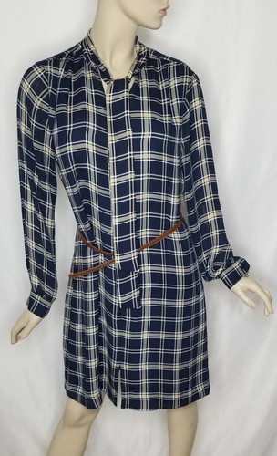 Abito Michael Kors blu navy a quadri con cintura e fiocco cravatta manica lunga taglia 12