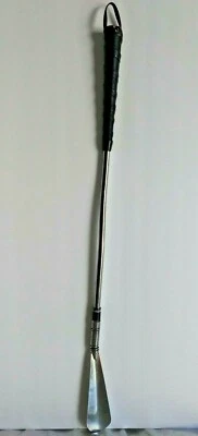SWANK MID-CENTURY LONG HANDLED STEEL SHOE HORN. FAUX LEATHER HANDLE. JAPAN - Image 1 of 4