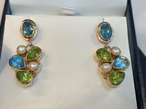 SS & 22k Vermeil Peridot, BIue Topaz and Pearl Dangle Earrings - Picture 1 of 11