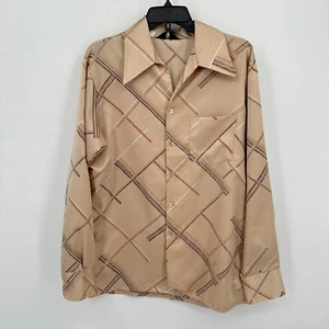 Vtg JC Penney Shirt Mens L Tan Brown Button Up Disco Leisure Big Collar Shiny - Picture 1 of 6