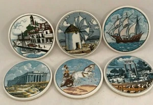Juego de 6 posavasos Grecia hechos a mano con soporte de madera barcos edificios auriga - Imagen 1 de 9