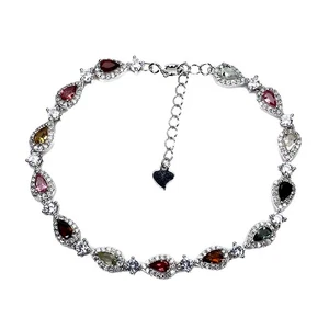 925 Sterling Silver Bracelet Pear Tourmaline 4x3mm Natural Gemstone Jewelry 7.5i - Picture 1 of 13