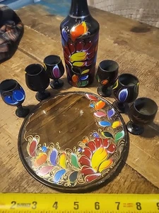 Vintage Wooden Sake Decanter Glasses Tray Set tole hand painted lathe Folk Art  - Picture 1 of 6