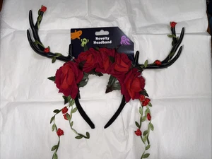 Deer Antlers Headband Black Horn Red Roses - Halloween Costume Prop Cernunnos - Picture 1 of 5