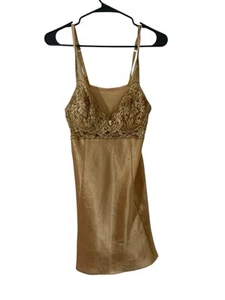 Victorias Secret Slip Dress Gold Satin Lace Medium Whimsy Goth Fairy Romantic - Picture 1 of 7