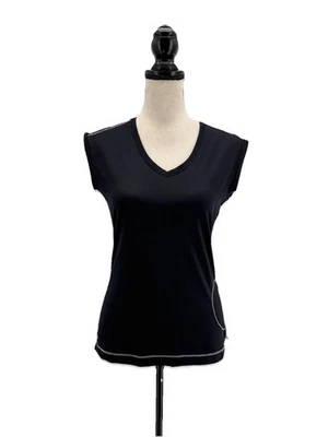 Alo CoolFit Women Activewear Top Black Medium Zippered Pocket Muscle Tee V Neck - Image 1 of 4
