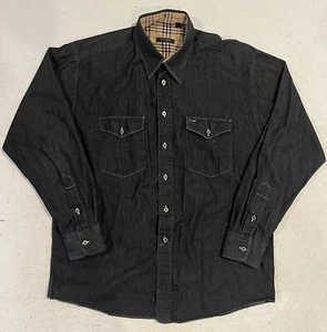 Vintage 90s BURBERRY London Tartan Nova Check Flip Cuff Black Button Up Shirt L - Picture 1 of 12