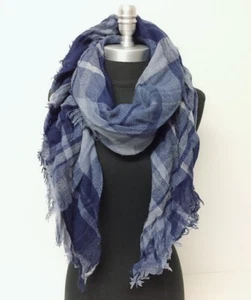 Men Women Mid weight Plaid Square Scarf w/ lurex Blue Cozy Wrap shawl Pashmina - Picture 1 of 5