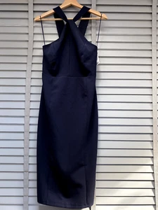 SIGUIENTE Vestido de Noche Azul Marino Reino Unido 10 Ocasiones Ajustado Midi Sin Mangas Nudo Frontal Fiesta - Imagen 1 de 9