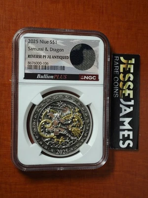 2025 $1 REVERSE PROOF ANTIQUED SILVER SAMURAI & DRAGON NGCX PF 10 KIMONO JACKET - Image 1 of 2