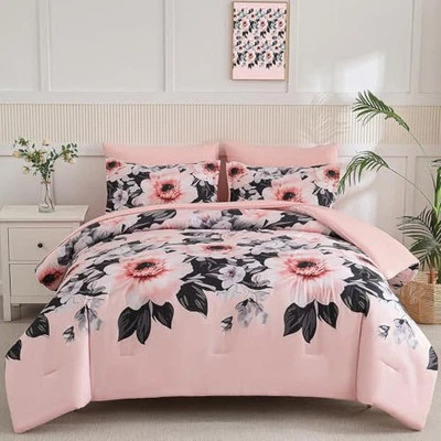  Conjunto de edredom king size 7 peças cama em uma bolsa, rosa preto floral botânico  - Imagem 1 de 4