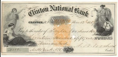 1867 Citizen National Bank check  (for $1751) Comb Ship (note lot world) - Image 1 of 2