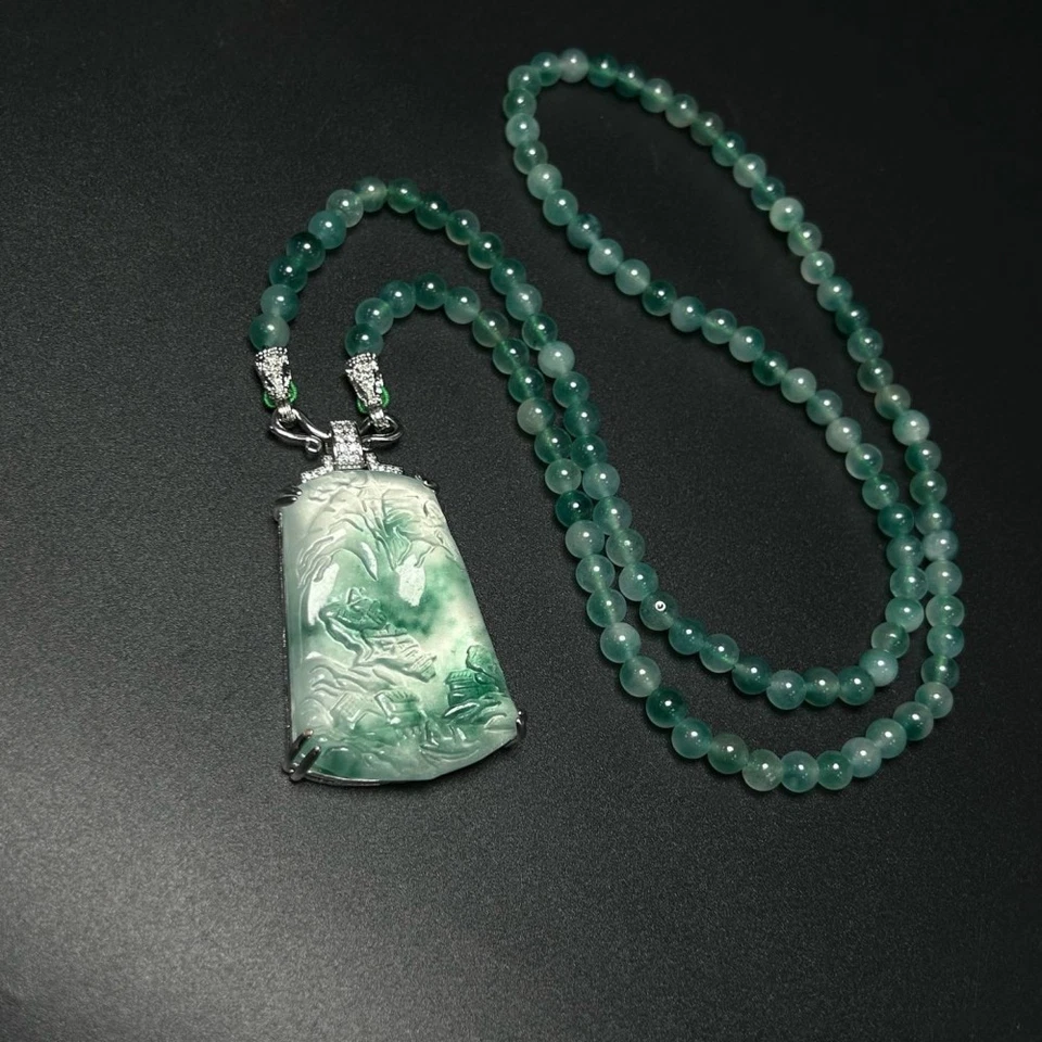Elegant Jadeite Pendant with Beaded Necklace Fine Carved Landscape Design - Image 1 of 4