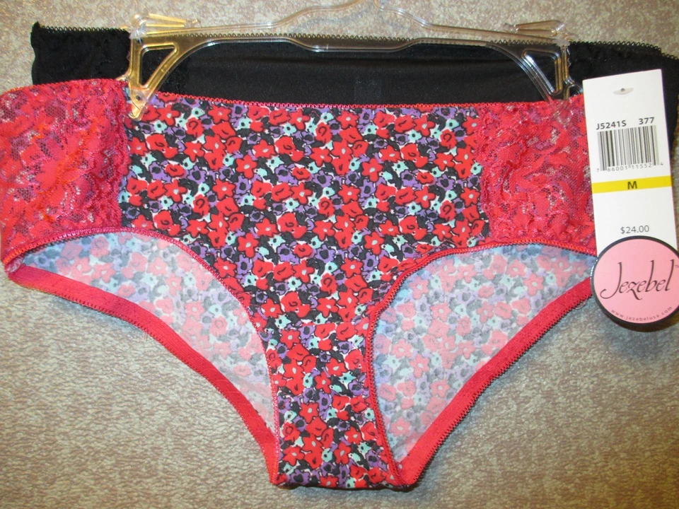 NUEVO CON ETIQUETAS Jezabel 2 Pares Floral y Negro Encaje Ribete Hipster Bragas J5241S Medianas A9 Foto 1 de 3