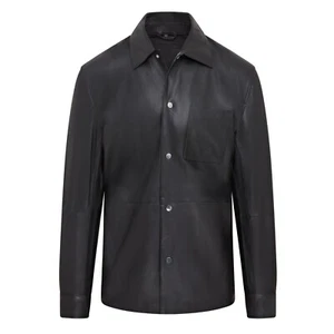 Men’s Black Leather Shirt Jacket Casual Biker Retro Trucker Western Unlined - Picture 1 of 8