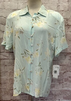 Rena Rowan Silk Button Down Blouse 10 NEW VINTAGE Aqua Pastel Floral Tulip - Image 1 of 4