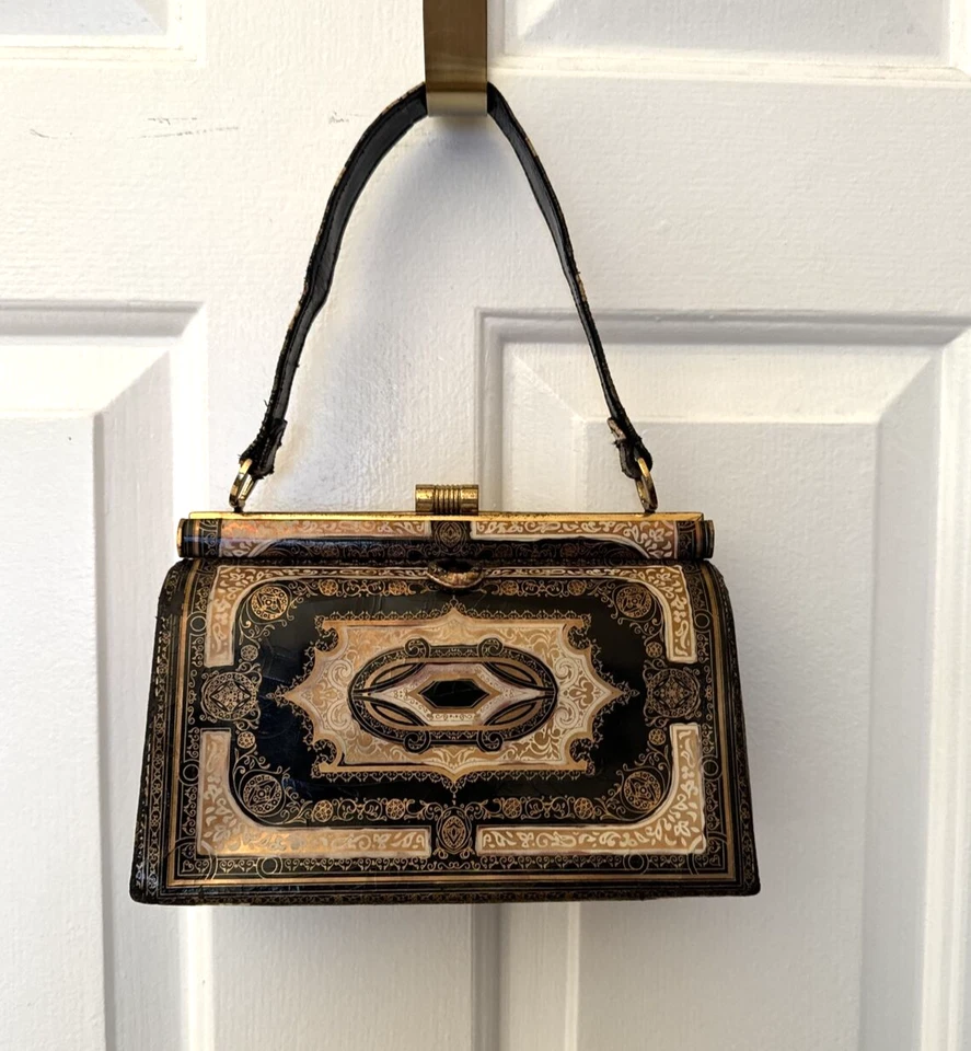 Bolsa de couro vintage estampada feita na Itália folha de ouro preto/branco retrô com espelho - Imagem 1 de 4