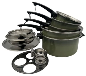 VTG 70s 5-Pan Set Avocado Green Fashion Manor JCPenney Sauce Skillet Stock Poach - Picture 1 of 12