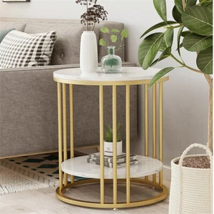 White Accent Side Table Round Sofa End Table with Sintered Stone & Metal Frame - Picture 1 of 12