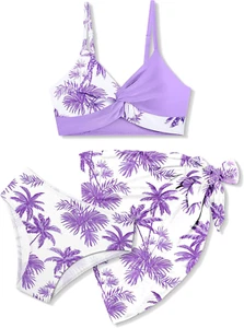 Girls Swimsuit, Bathing Suits 3 Piece Tropical Floral Twist Cross Bikini Sets Gi - Picture 1 of 29