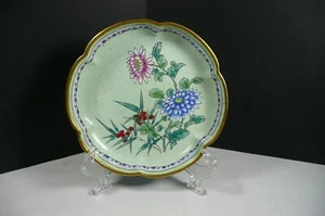 Antique Cloisonné Bronze Footed Bowl Green Pink Blue Flowers Red Berries HP 5”!! - Picture 1 of 12