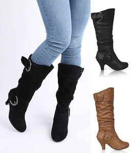 MUJERES DAMAS TACÓN MEDIO INVIERNO DOBLE HEBILLA CREMALLERA PANTORRILLA RODILLA ZAPATOS DE MONTAR BOTAS TALLA - Imagen 1 de 32