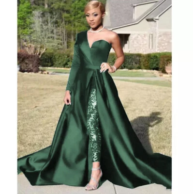 Macacão feminino moderno com trem cetim um ombro feminino roupa de festa de formatura - Imagem 1 de 4