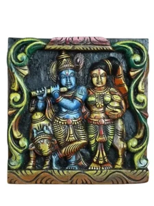 Handcrafted 12” Wooden Radha Krishna Idol – Vaagai Wood Wall Decor Art - Picture 1 of 4