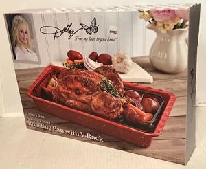 Dolly Parton Bräter mit V-Rack 13"x9" Antihaft Stahl rot gesprenkelt Neu im Karton - Bild 1 von 5