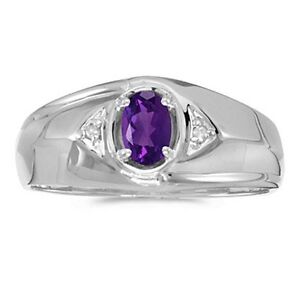 Mens Natural Genuine Amethyst and Diamond Ring 10K White Gold - Free Ring Sizing
