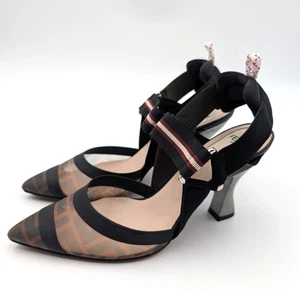 Fendi Zucca Mesh & Fabric Colibri Slingback Pumps Womens Black Size US5.5 EU35.5 - Picture 1 of 11