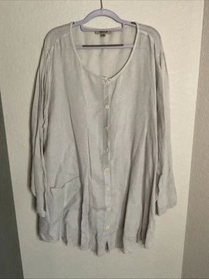 Flax Linen Blend Lagenlook Long Sleeve Button  Front Top Size 3G - Image 1 of 4