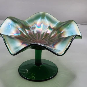 Antique Fenton Green Carnival Glass Footed Compote Candy Dish 4.5" Iridescent - Picture 1 of 12