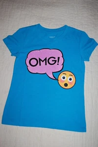 Girls S/S T-Shirt TURQUOISE Pink Glitter "OMG!" Blushing Emoji Face XS S M L XL - Picture 1 of 1
