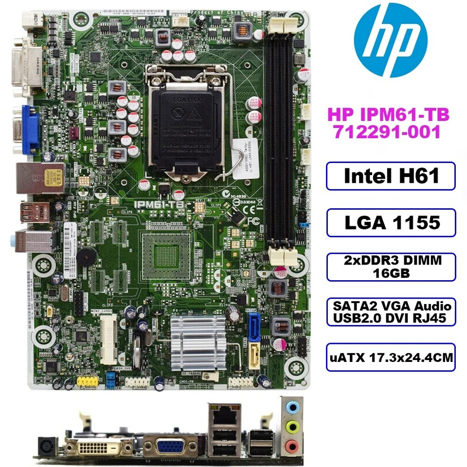 HP IPM61-TB Motherboard uATX TIntel H61 LGA1155 DDR3 16GB SATA2 VGA 712291-001 - Image 1 of 4