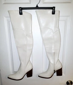 Marc Fisher Meyana White Faux Leather Over The Knee Block Heel Boots Size 8 M - Picture 1 of 1