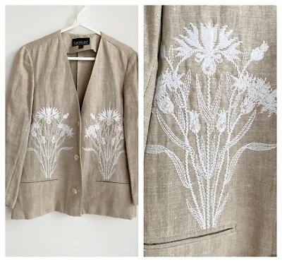 Blazer vintage KAren Kane de lino con bordado floral blanco M Foto 1 de 4
