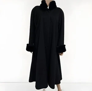 Black Long Overcoat Wool Blend Women’s Size L Fur Trim Coat - Picture 1 of 24