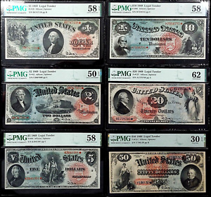 SET OF SIX PMG Certified 1869 Legal Tender Notes! $1, $2, $5, $10, $20, & $50!