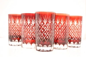 VTG SET 5 BOHEMIAN CZECH CUT TO CLEAR CRYSTAL TUMBLERS GLASSES RED 4.5" Tall - Picture 1 of 7