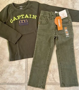 NWT Boys 2T Gymboree “FLIGHT SCHOOL” Cotton/Span OLIVE straight JEANS & TOP 2pc - Picture 1 of 7